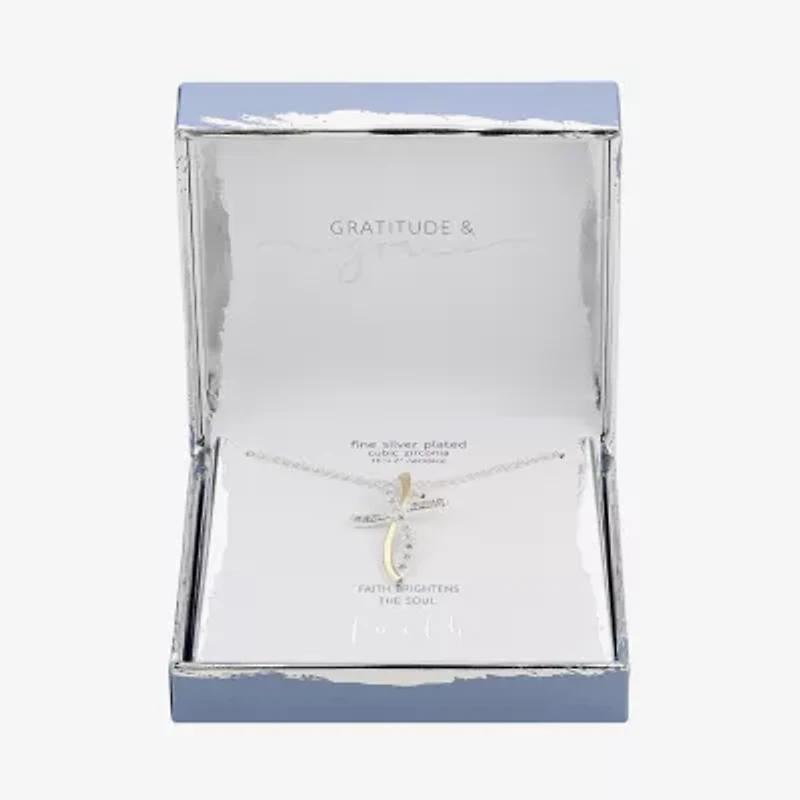 Gratitude & Grace Womens Cubic Zirconia Pure Silver Over Brass Cross 16 Inch Pendant Necklace