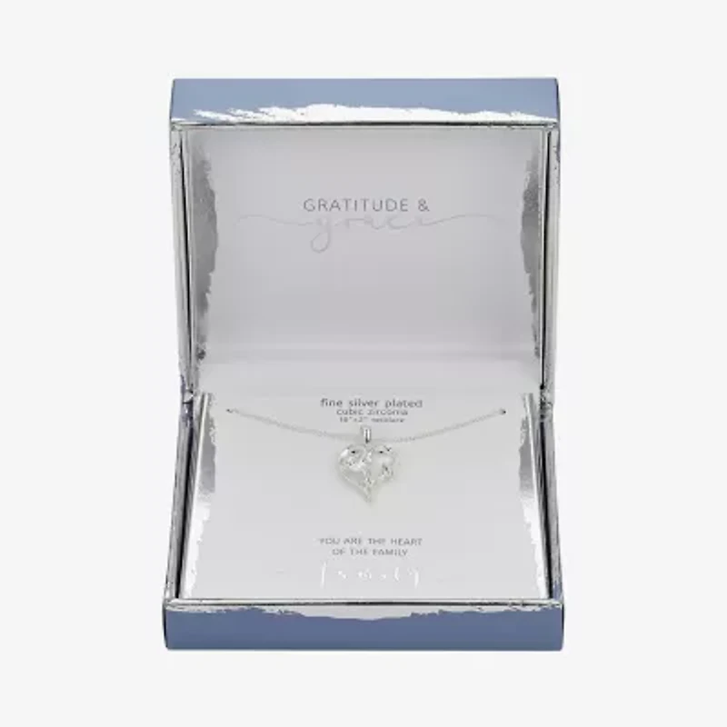 Gratitude & Grace Family Womens Cubic Zirconia Pure Silver Over Brass Heart 16 Inch Pendant Necklace