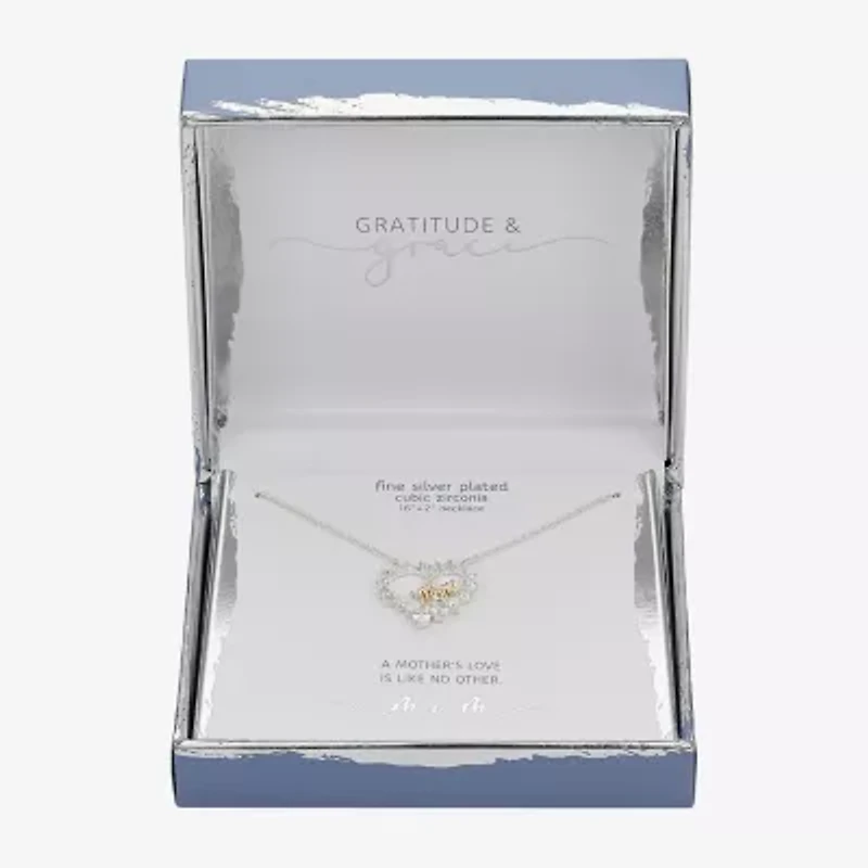 Gratitude & Grace Mom Womens Cubic Zirconia Pure Silver Over Brass Heart 16 Inch Pendant Necklace