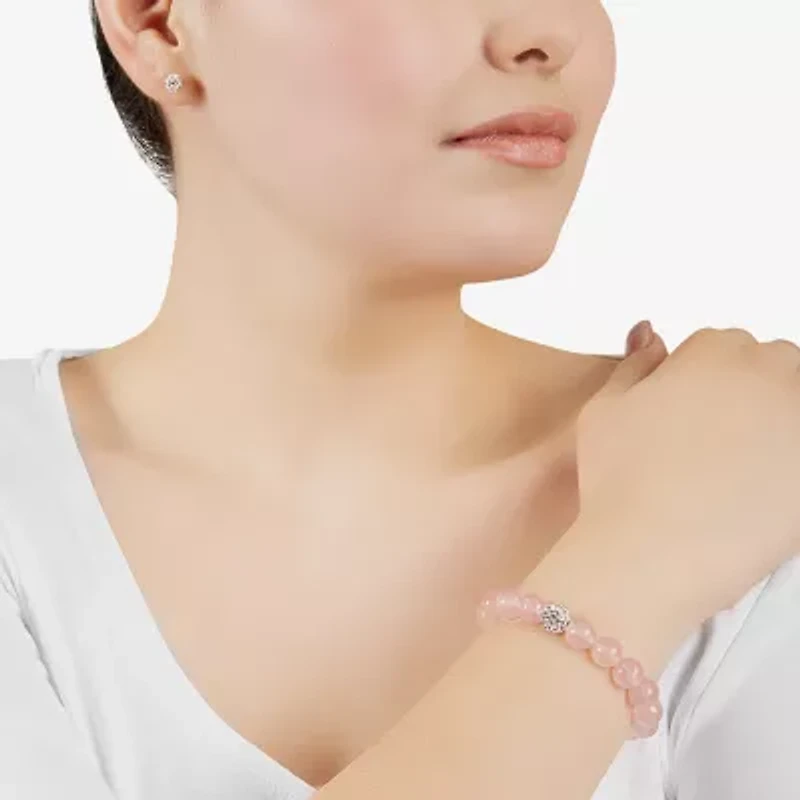 Sparkle Allure Stretch Bracelet & Stud Earring Womens Pink Quartz Pure Silver Over Brass 2-pc. Jewelry Set