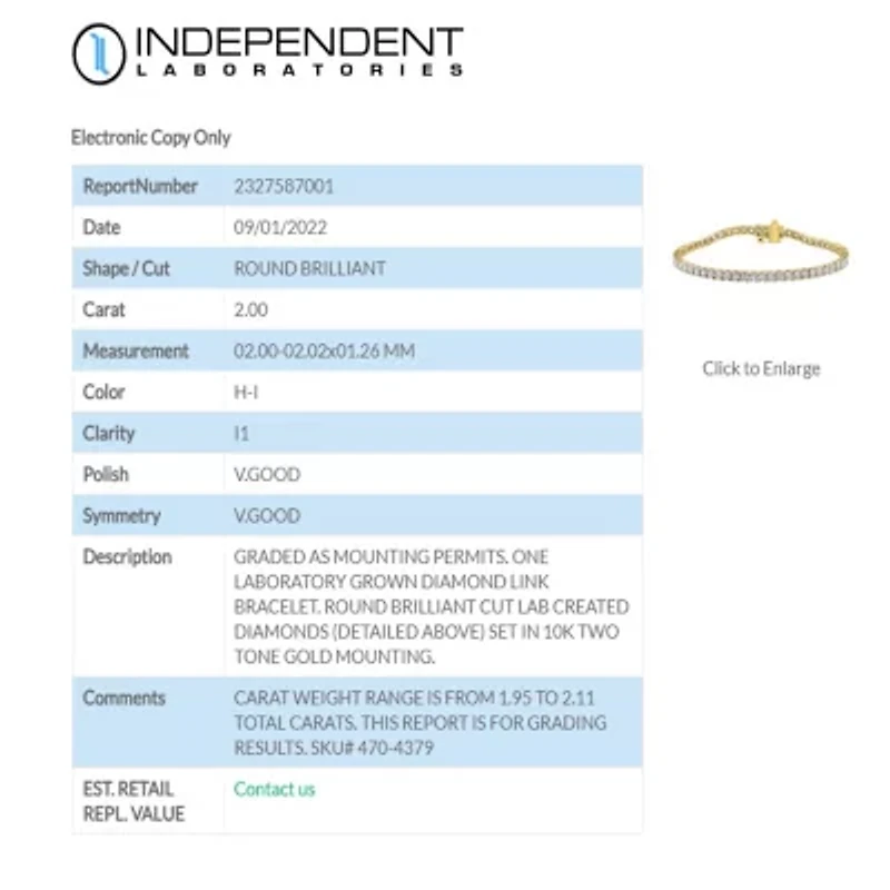 (H-I / I1) 2 CT. T.W. Lab Grown White Diamond 10K or Yellow Gold 7.25 Inch Tennis Bracelet