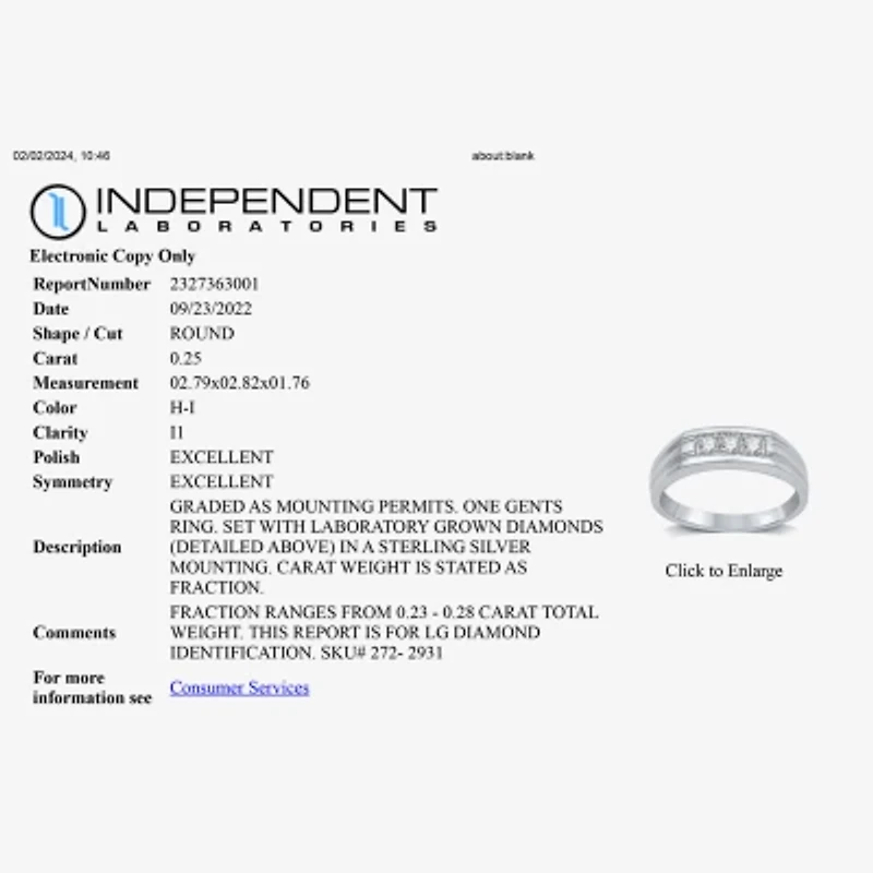 I Said Yes (H-I / I1) Mens 1/4 CT. T.W. Lab Grown White Diamond Sterling Silver Wedding Band