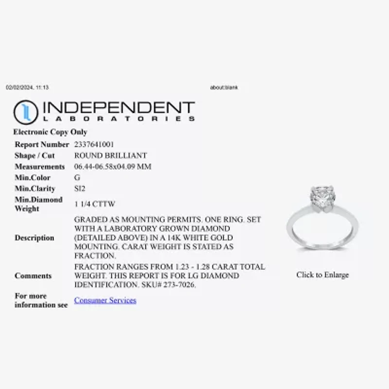1 1/4 CT. Lab-Grown (G / SI2) Diamond Round Solitaire Engagement Ring 14k Gold