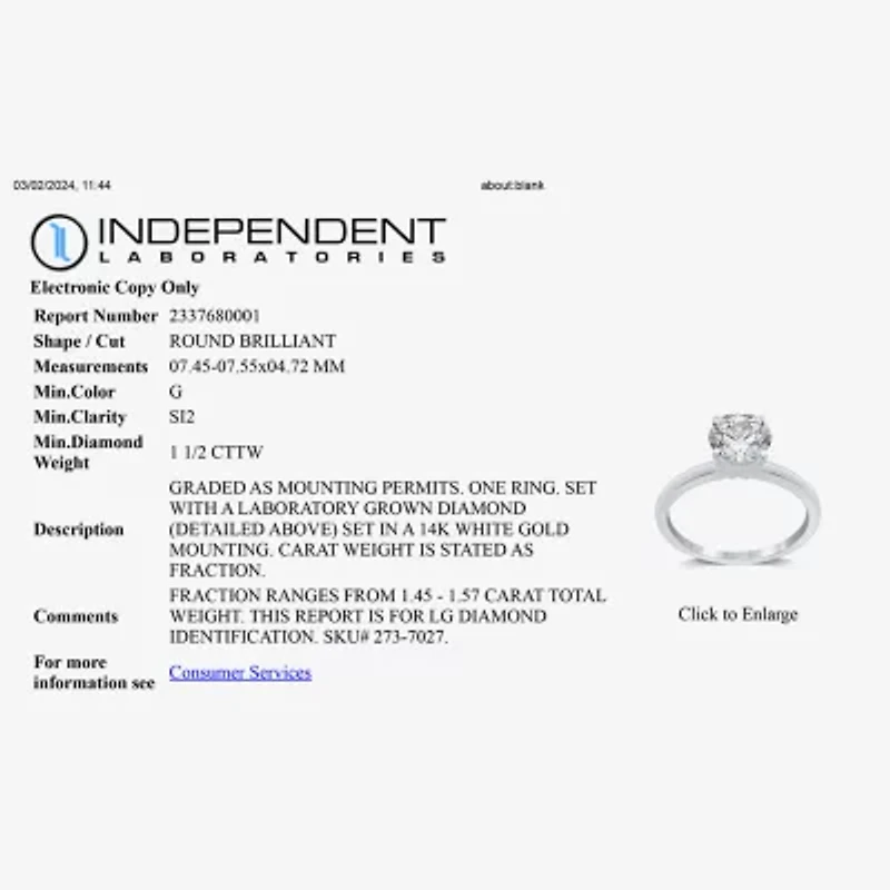 1 1/2 CT..Round Lab-Grown (G / Si2) Diamond Solitaire Engagement Ring 14K Gold