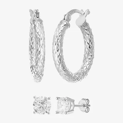 Womens Cubic Zirconia Sterling Silver Round 2 Pair Earring Set