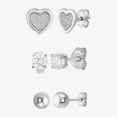 Womens Cubic Zirconia Sterling Silver Heart Round 3 Pair Earring Set