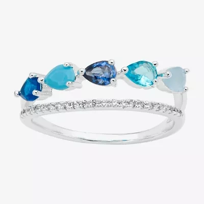 Sparkle Allure Faux Stacked Womens 2MM Blue Crystal Pure Silver Over Brass Pear 5-Stone Band