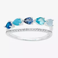 Sparkle Allure Faux Stacked Womens 2MM Blue Crystal Pure Silver Over Brass Pear 5-Stone Band