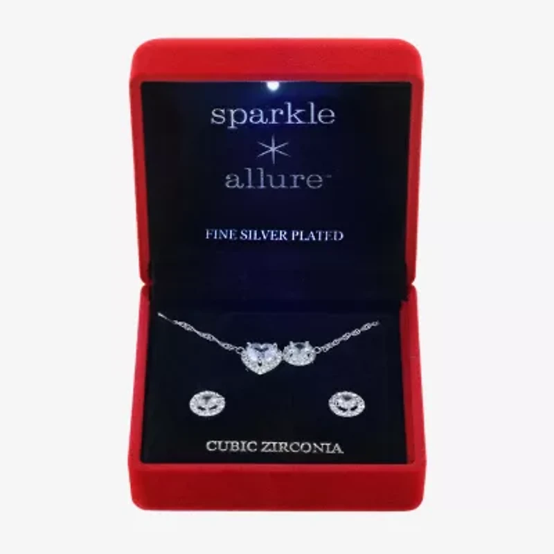 Sparkle Allure Light Up Box Womens Cubic Zirconia Pure Silver Over Brass Heart Round 2-pc. Jewelry Set