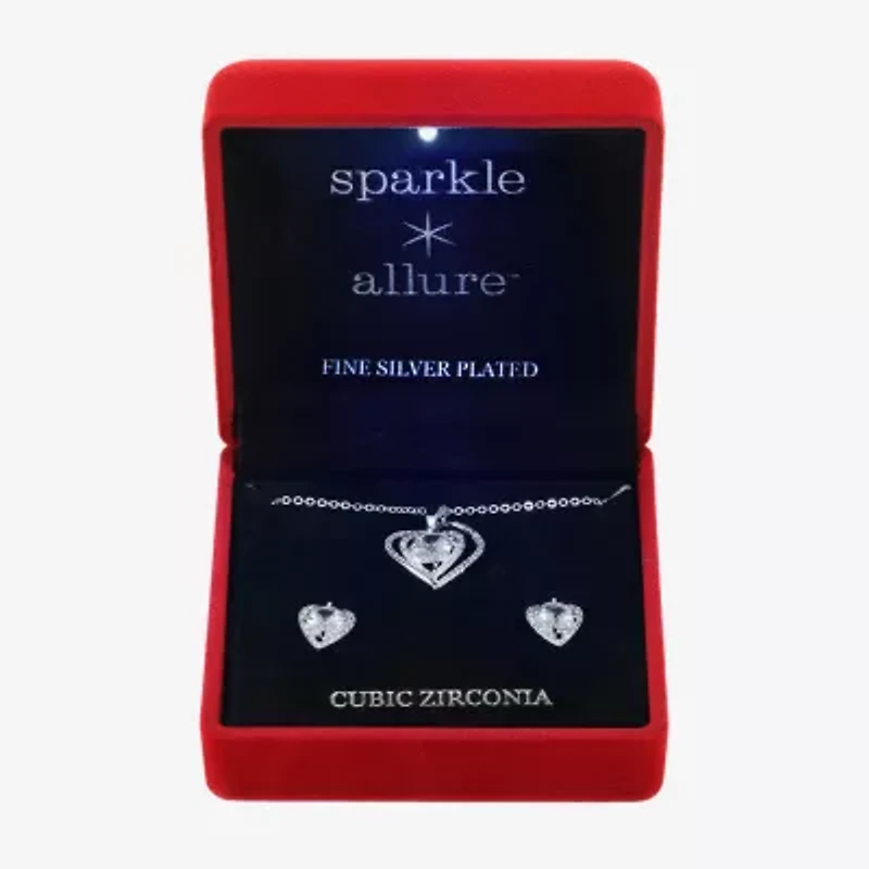 Sparkle Allure Light Up Box Womens Cubic Zirconia Pure Silver Over Brass Heart 2-pc. Jewelry Set