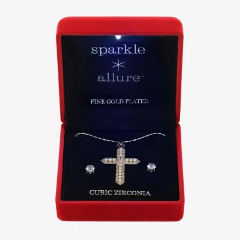Sparkle Allure Light Up Box Womens Cubic Zirconia Simulated Pearl 14K Gold Over Brass Cross 2-pc. Jewelry Set