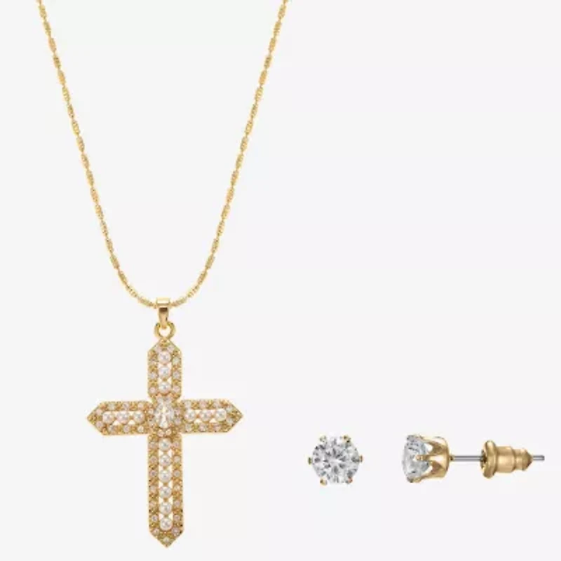 Sparkle Allure Light Up Box Womens Cubic Zirconia Simulated Pearl 14K Gold Over Brass Cross 2-pc. Jewelry Set