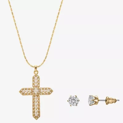 Sparkle Allure Light Up Box Womens Cubic Zirconia Simulated Pearl 14K Gold Over Brass Cross 2-pc. Jewelry Set