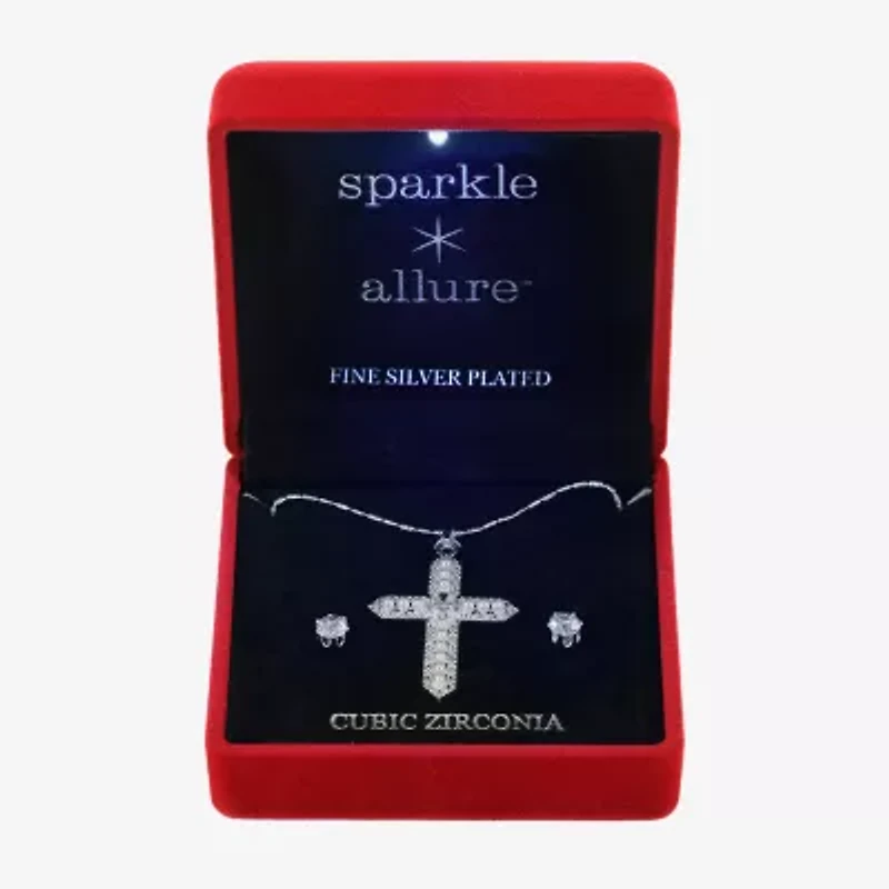 Sparkle Allure Light Up Box Womens Cubic Zirconia Simulated Pearl Pure Silver Over Brass Cross 2-pc. Jewelry Set