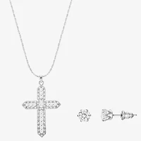 Sparkle Allure Light Up Box Womens Cubic Zirconia Simulated Pearl Pure Silver Over Brass Cross 2-pc. Jewelry Set