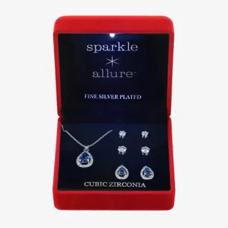Sparkle Allure Light Up Box Womens Blue Cubic Zirconia Pure Silver Over Brass 4-pc. Jewelry Set