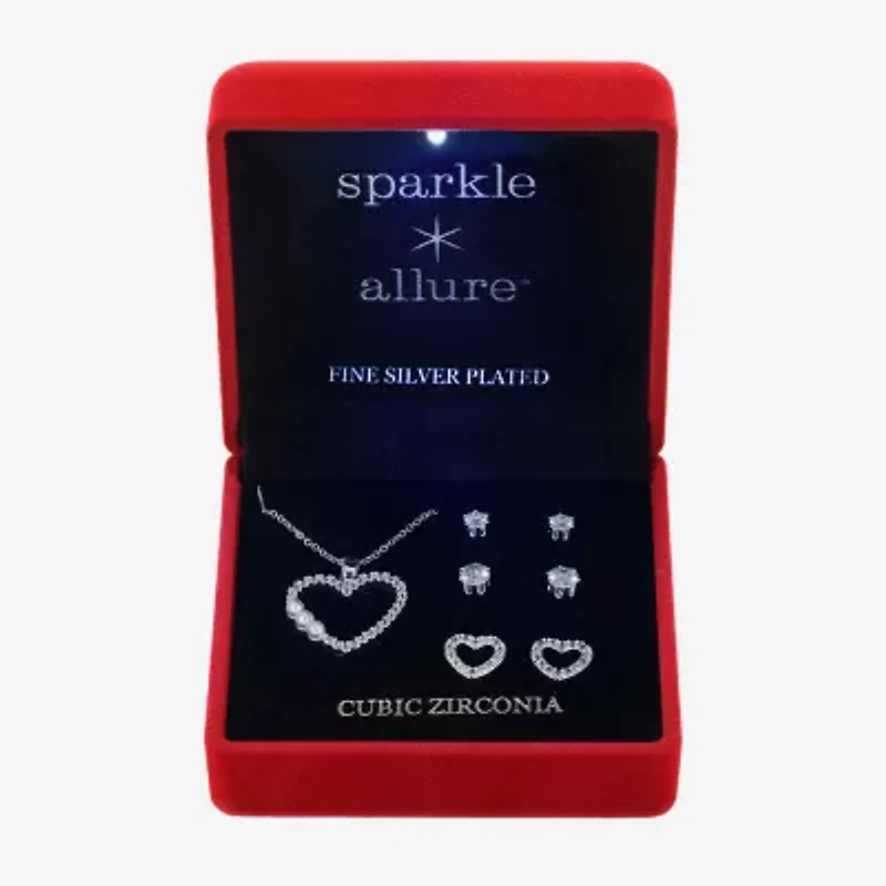 Sparkle Allure Light Up Box Womens Cubic Zirconia Simulated Pearl Pure Silver Over Brass Heart 4-pc. Jewelry Set