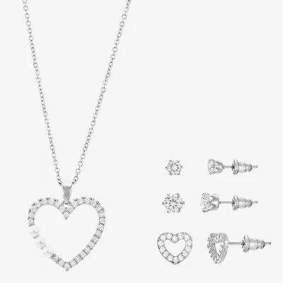 Sparkle Allure Light Up Box Womens Cubic Zirconia Simulated Pearl Pure Silver Over Brass Heart 4-pc. Jewelry Set