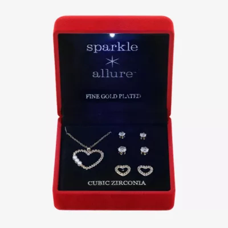 Sparkle Allure Light Up Box Womens Cubic Zirconia Simulated Pearl 14K Gold Over Brass Heart 4-pc. Jewelry Set