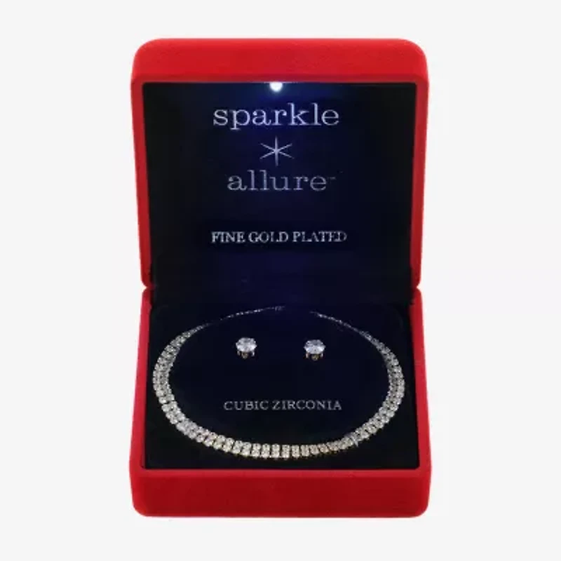 Sparkle Allure Light Up Box Womens Cubic Zirconia 14K Gold Over Brass Round 2-pc. Jewelry Set
