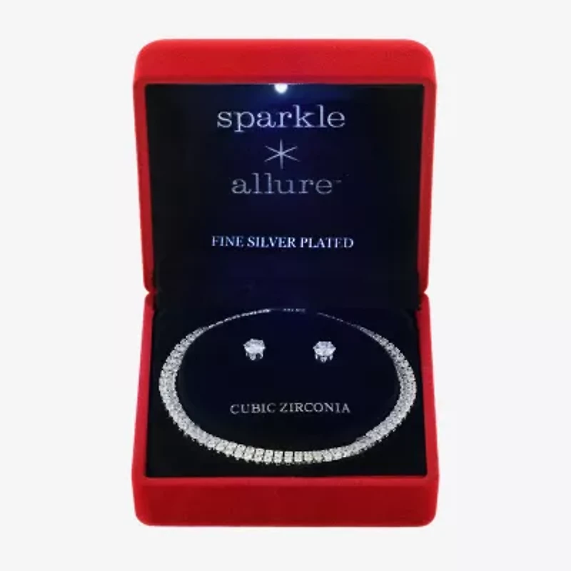 Sparkle Allure Light Up Box Womens Cubic Zirconia Pure Silver Over Brass Round 2-pc. Jewelry Set