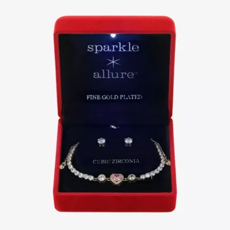 Sparkle Allure Light Up Box Womens Pink Cubic Zirconia 14K Gold Over Brass Heart 2-pc. Jewelry Set