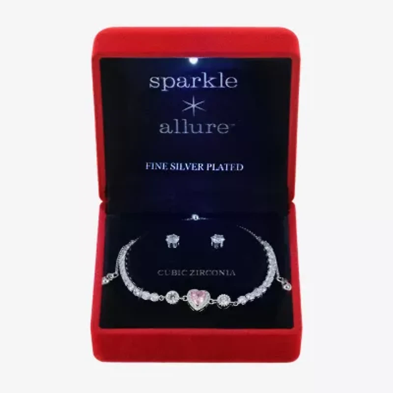 Sparkle Allure Light Up Box Womens Pink Cubic Zirconia Pure Silver Over Brass Heart 2-pc. Jewelry Set