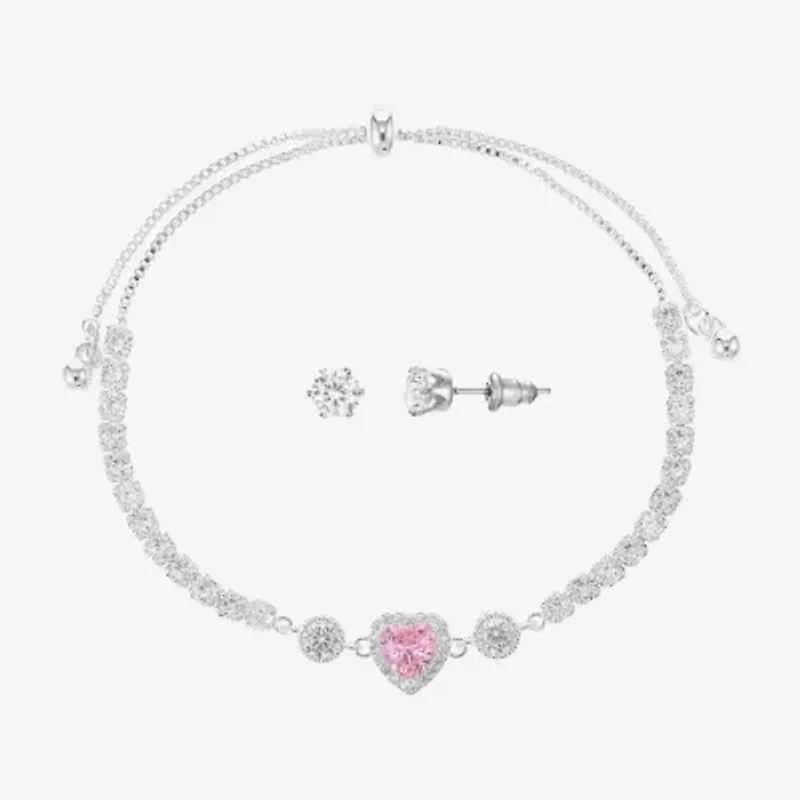 Sparkle Allure Light Up Box Womens Pink Cubic Zirconia Pure Silver Over Brass Heart 2-pc. Jewelry Set