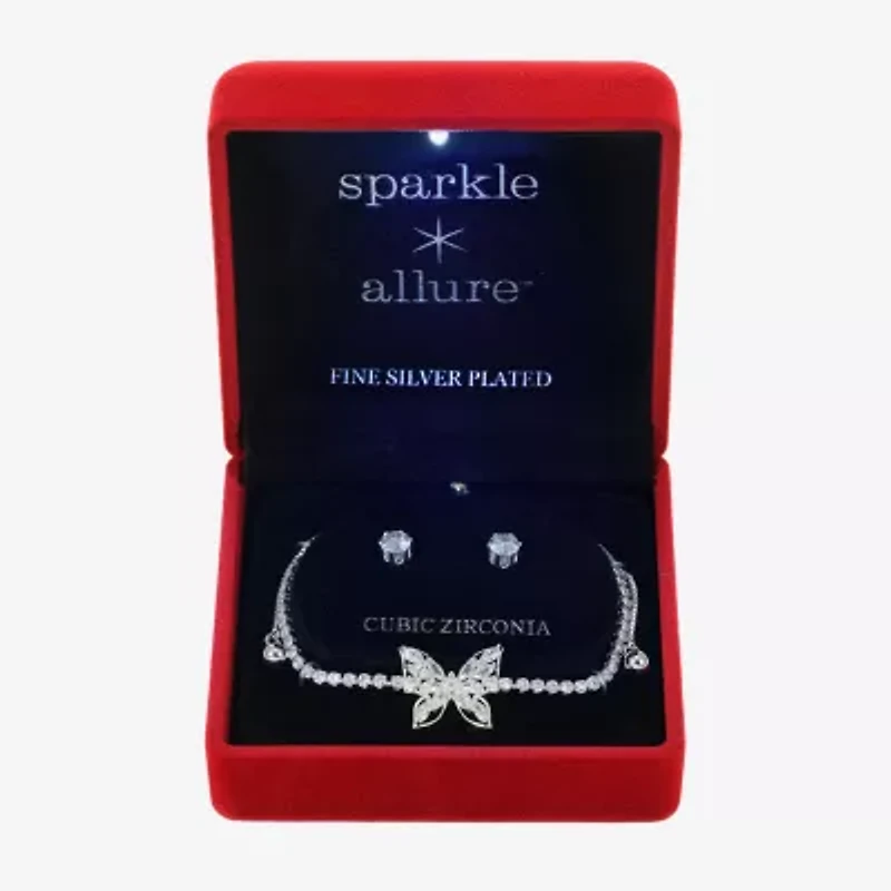Sparkle Allure Light Up Box Womens Cubic Zirconia Pure Silver Over Brass Butterfly 2-pc. Jewelry Set