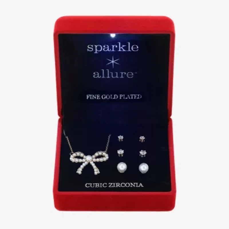 Sparkle Allure Light Up Box Womens Cubic Zirconia Simulated Pearl 14K Gold Over Brass Bow 4-pc. Jewelry Set