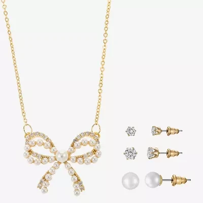 Sparkle Allure Light Up Box Womens Cubic Zirconia Simulated Pearl 14K Gold Over Brass Bow 4-pc. Jewelry Set