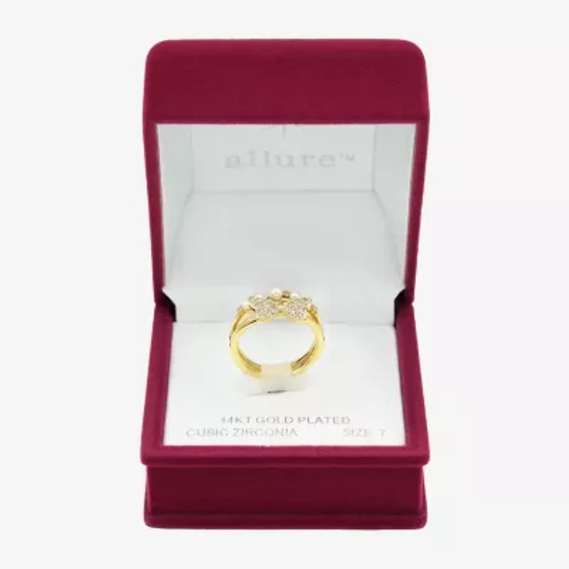 Sparkle Allure Womens 3.5MM Simulated Pearl Cubic Zirconia 14K Gold Over Brass Bow Band