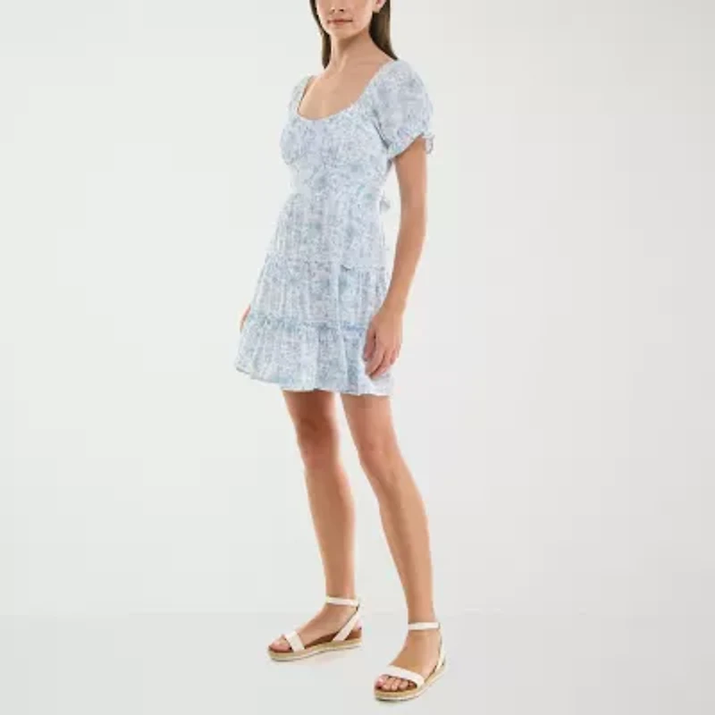 Trixxi Womens Juniors Short Sleeve Floral Fit + Flare Dress