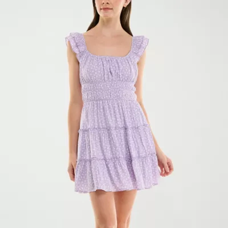 Trixxi Womens Short Sleeve Floral Juniors Fit + Flare Dress