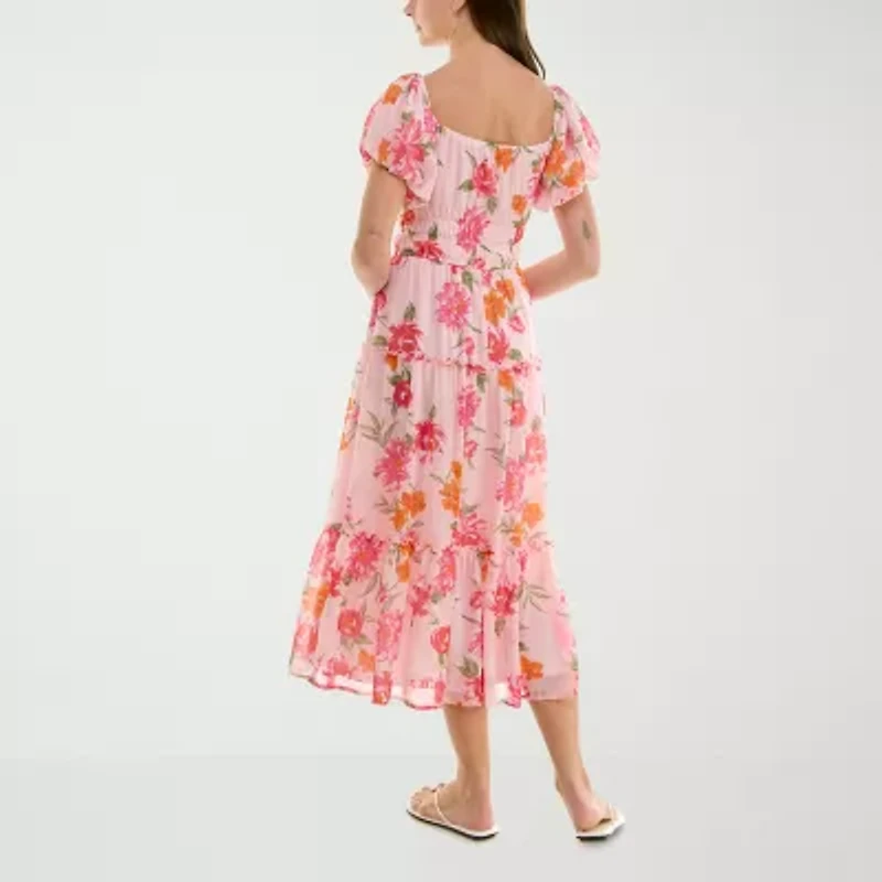 Trixxi Womens Juniors Short Sleeve Floral Midi Fit + Flare Dress