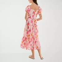 Trixxi Womens Juniors Short Sleeve Floral Midi Fit + Flare Dress