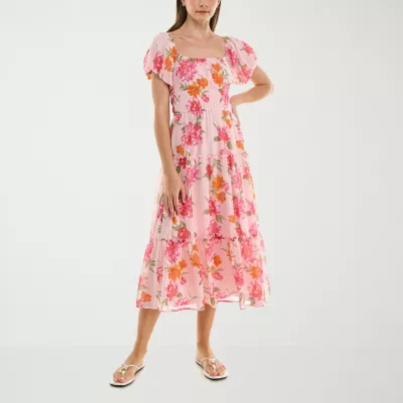 Trixxi Womens Juniors Short Sleeve Floral Midi Fit + Flare Dress