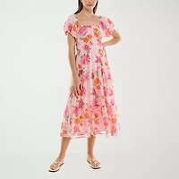 Trixxi Womens Juniors Short Sleeve Floral Midi Fit + Flare Dress