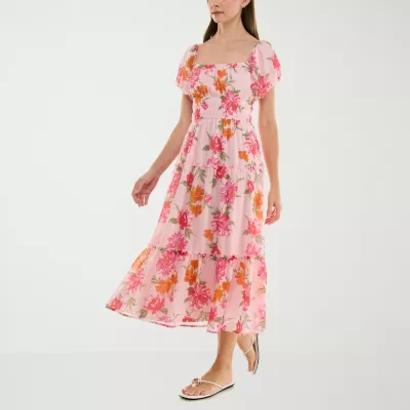 Trixxi Womens Juniors Short Sleeve Floral Midi Fit + Flare Dress