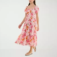 Trixxi Womens Juniors Short Sleeve Floral Midi Fit + Flare Dress