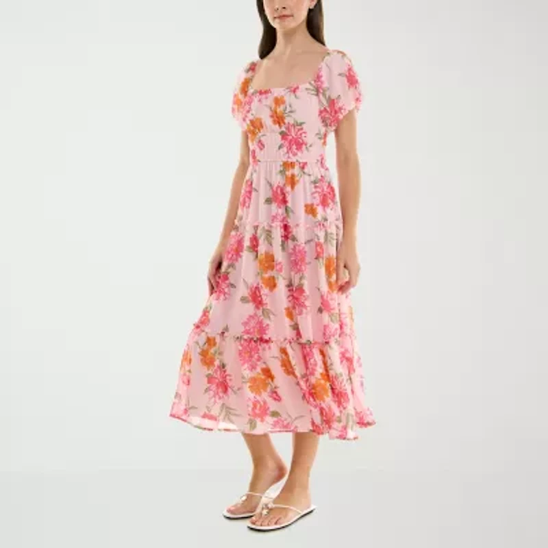 Trixxi Womens Juniors Short Sleeve Floral Midi Fit + Flare Dress