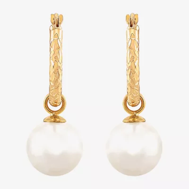 Womens White Cultured Freshwater Pearl 10K Gold 27.5mm Ball Hoop Earrings