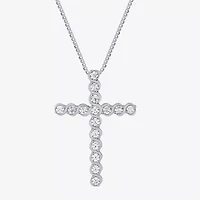 (G Womens 1/2 CT. T.W. Lab Grown White Diamond 10K White Gold Cross 18 Inch Pendant Necklace