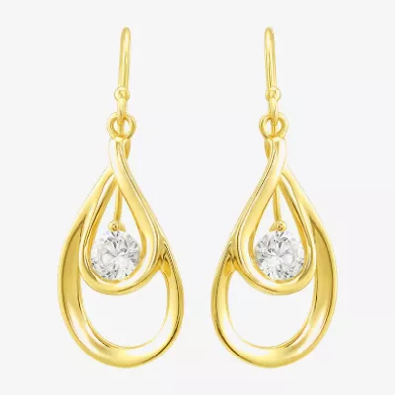 Womens Cubic Zirconia 24K Gold Over Silver Oval Drop Earrings
