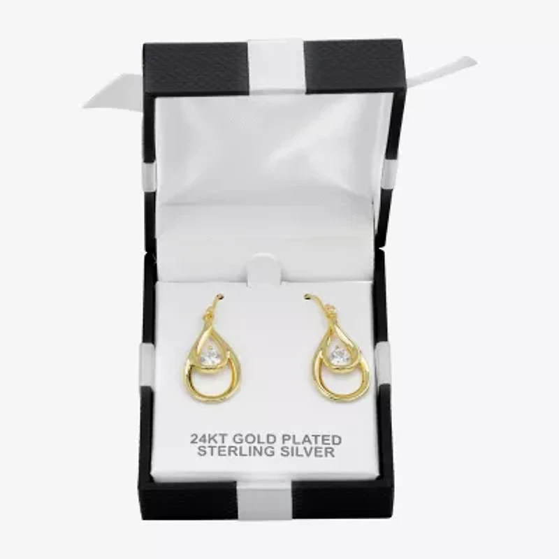 Womens Cubic Zirconia 24K Gold Over Silver Oval Drop Earrings