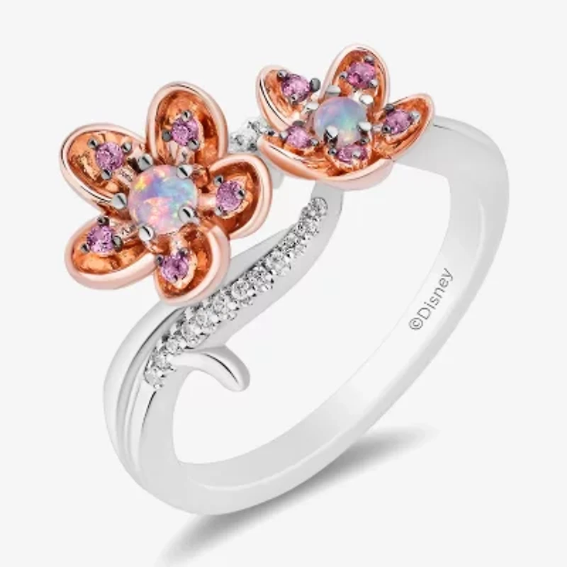 Enchanted Disney Fine Jewelry Womens Diamond Accent Genuine Red Rhodolite 14K Rose Gold Over Silver Two Tone Flower Princess Mulan Side Stone Bypass  Cocktail Ring