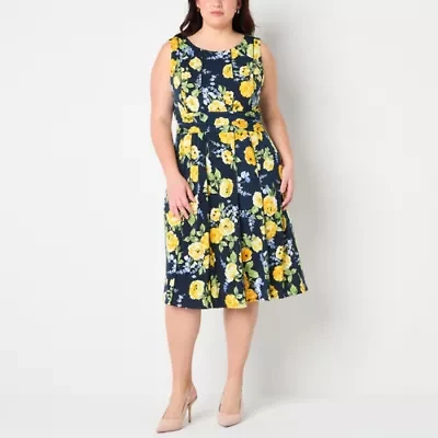 Perceptions Womens Sleeveless Floral Midi Plus Fit + Flare Dress