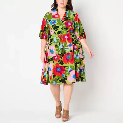 52seven Womens Elbow Sleeve Floral Midi Plus Fit + Flare Dress