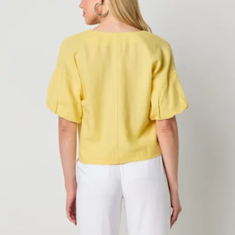 Worthington Womens Split Crew Neck Short Sleeve Blouse