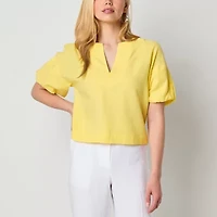 Worthington Womens Split Crew Neck Short Sleeve Blouse